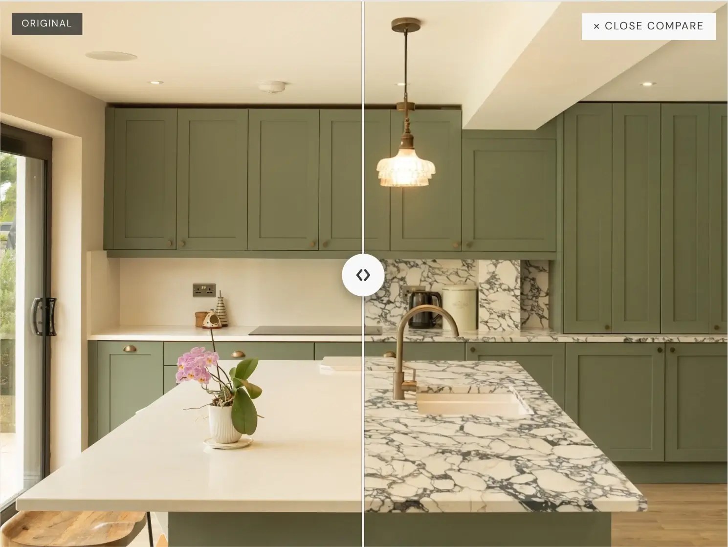 Kitchen worktop visualiser showing a before-and-after comparison